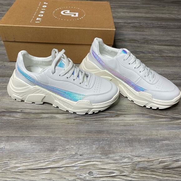 Joshua Sanders Women's White/Metallic Holo Stripe Zenith Bit Sneaker sz 41/US 11 - Picture 3 of 6